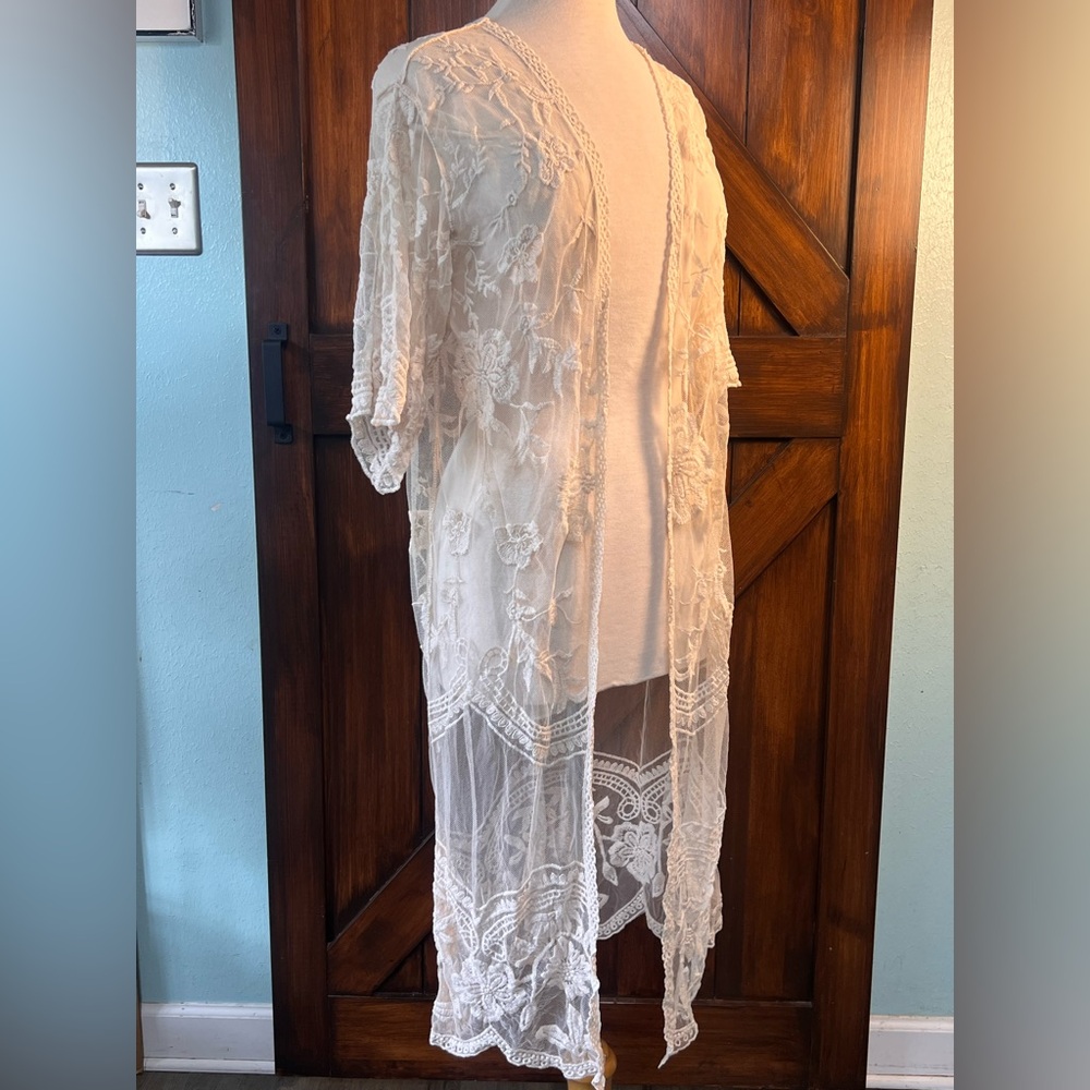 SirenLilly Maternity Cream Lace Fabric Kimono Robe Womens S‎